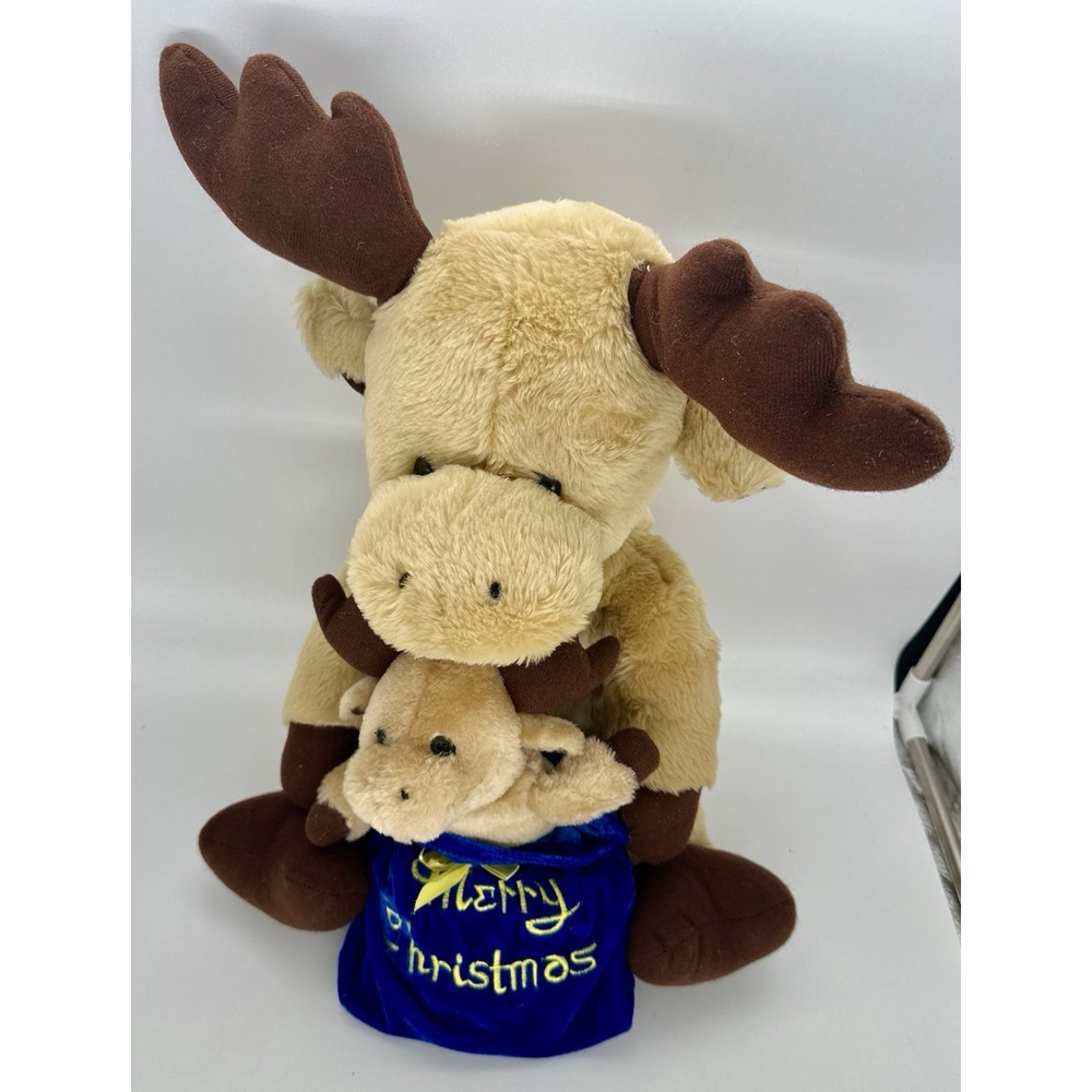 Goffa Christmas Moose with Baby Calf Plush Merry Christmas Sack 18" Holiday